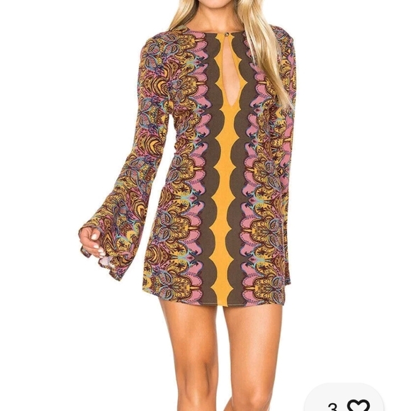 Free People Dresses & Skirts - Free People Ossie Vibes Bell Sleeve Paisley Mini Shift Dress Gold Brown Size 6